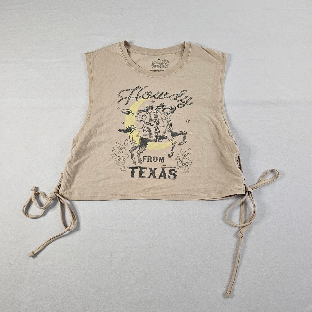 Goodie Two Sleeves Howdy From Texas Side Tie Crop Graphic Tee Western Cowboy L